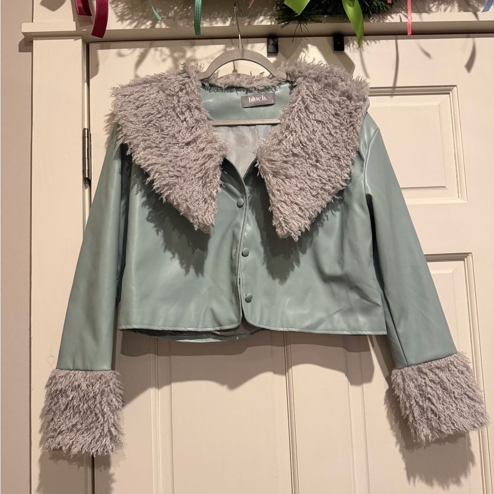 Blue B Collection Cropped Light Blue Leather Jacket with Faux Fur Trim Winter